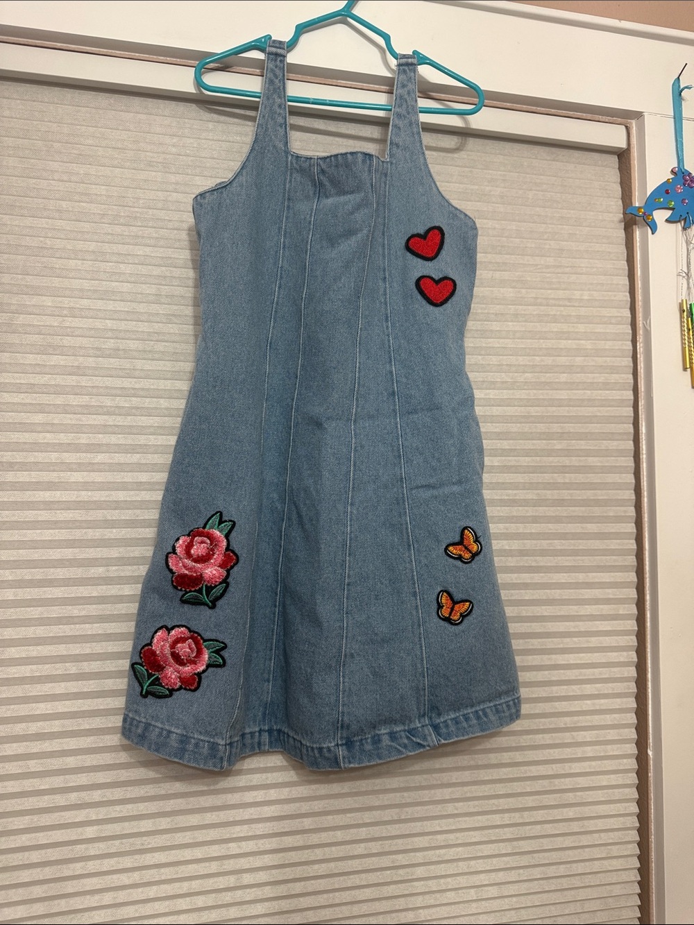 Xtraordinary Blue Denim Pinafore Dress with Red Hearts and Pink Floral Patches